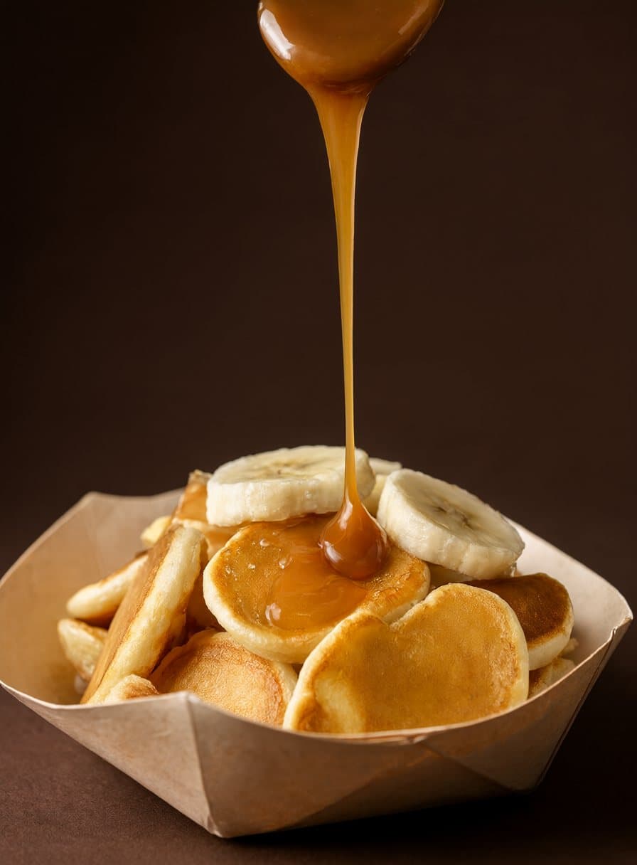 Un filet de caramel coule sur une barquette de mini pancakes à la banane