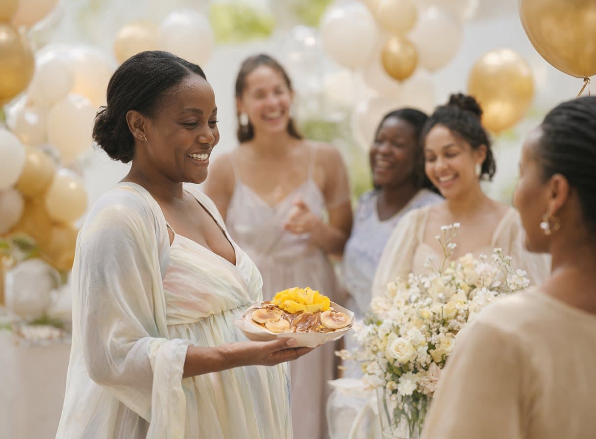Une future maman tient une assiette de mini pancakes à sa baby shower