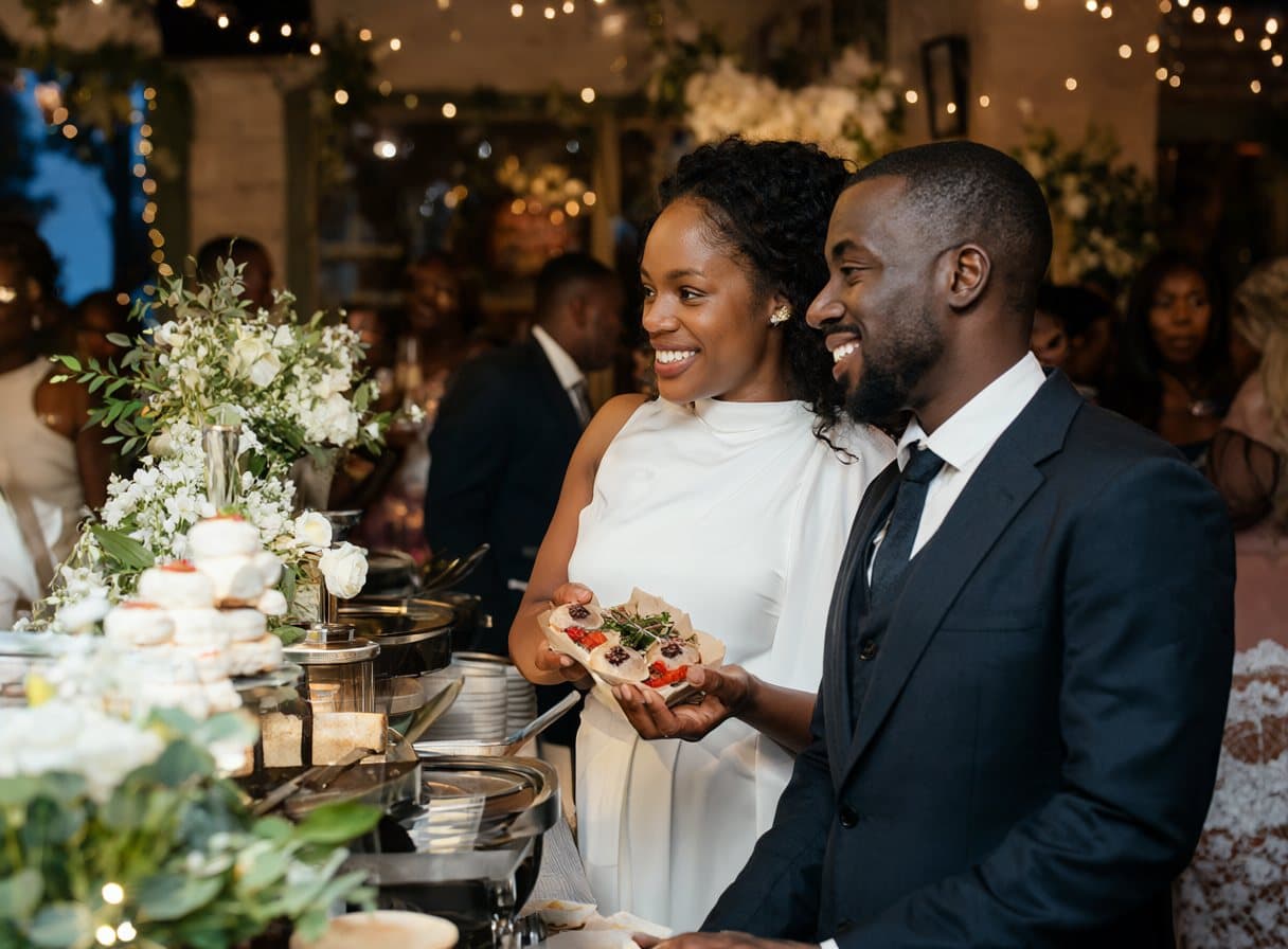 Des mariés au bar à mini pancakes, la mariée tient une barquette aux fraises