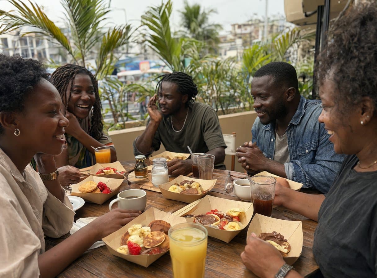 Des amis partagent des barquettes de mini pancakes lors d’un brunch en terrasse